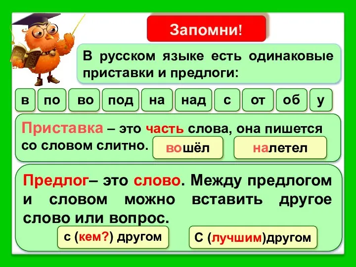 Запомни! В русском языке есть одинаковые приставки и предлоги: в по