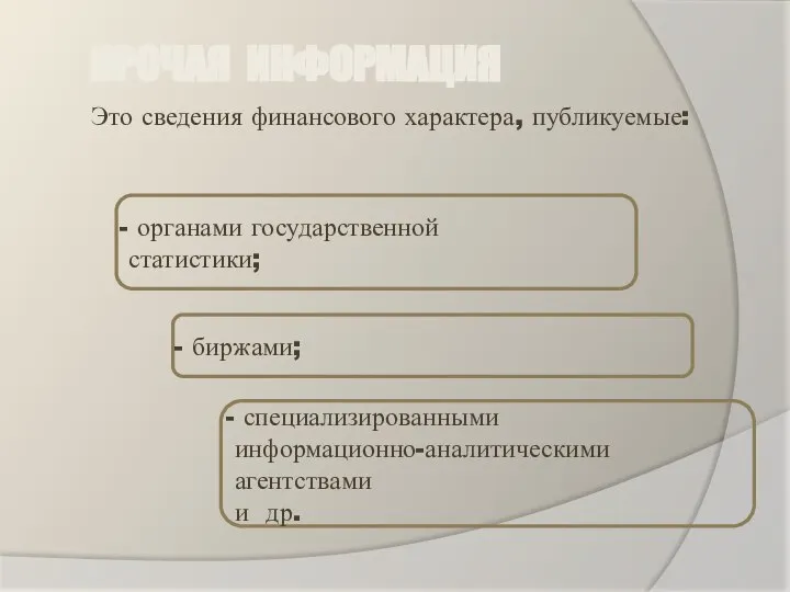 ПРОЧАЯ ИНФОРМАЦИЯ Это сведения финансового характера, публикуемые: органами государственной статистики; биржами; специализированными информационно-аналитическими агентствами и др.