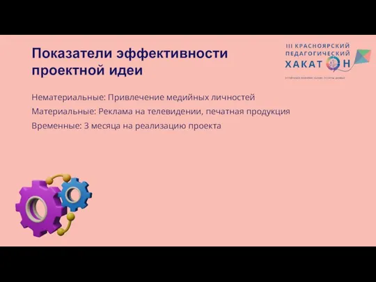 Показатели эффективности проектной идеи Нематериальные: Привлечение медийных личностей Материальные: Реклама на