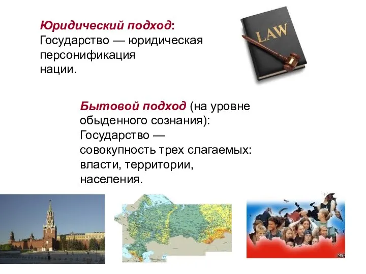 Юридический подход: Государство — юридическая персонификация нации. Бытовой подход (на уровне