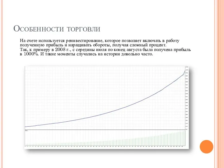 Особенности торговли На счете используется реинвестирование, которое позволяет включать в работу