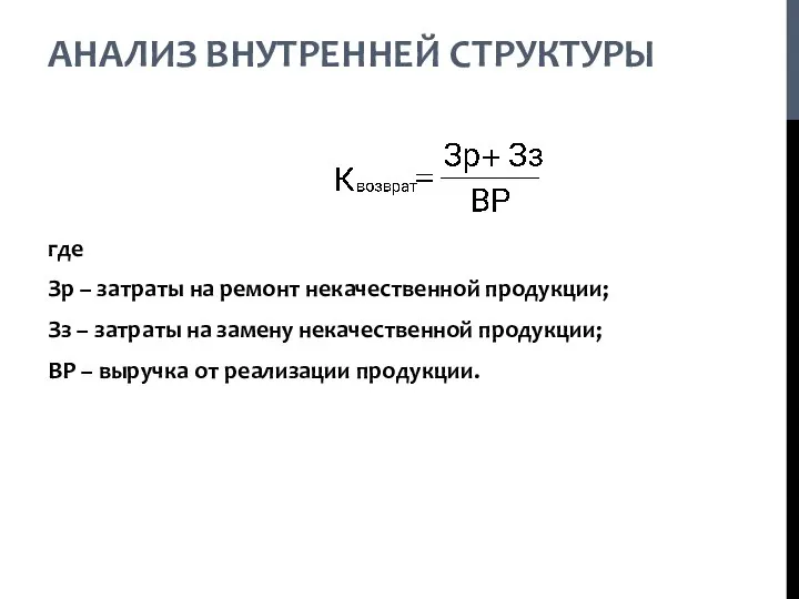 АНАЛИЗ ВНУТРЕННЕЙ СТРУКТУРЫ где Зр – затраты на ремонт некачественной продукции;