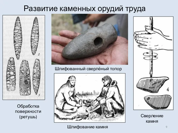 Развитие каменных орудий труда Обработка поверхности (ретушь) Шлифование камня Сверление камня Шлифованный сверлёный топор