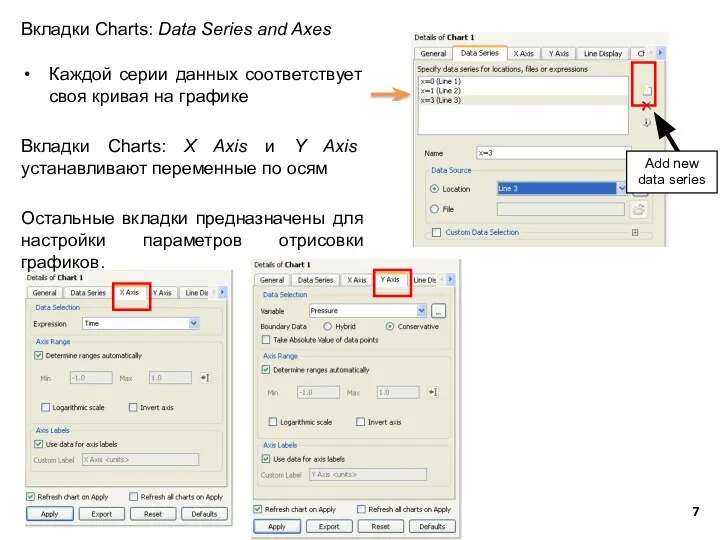 Add new data series Вкладки Charts: Data Series and Axes Каждой