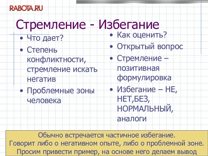 Стремление - Избегание Что дает? Степень конфликтности, стремление искать негатив Проблемные