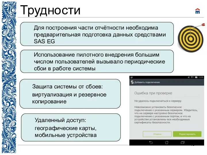 Трудности Для построения части отчётности необходима предварительная подготовка данных средствами SAS