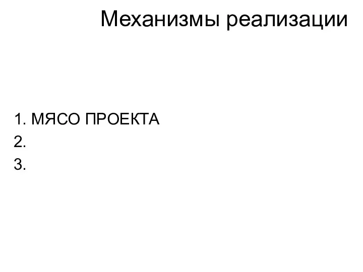 Механизмы реализации 1. МЯСО ПРОЕКТА 2. 3.