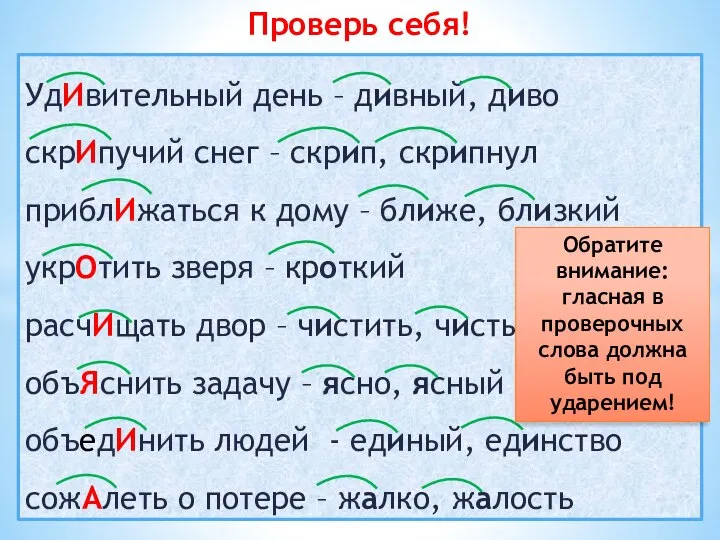 УдИвительный день – дивный, диво скрИпучий снег – скрип, скрипнул приблИжаться