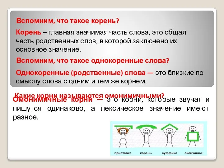 Вспомним, что такое корень? Вспомним, что такое однокоренные слова? Какие корни