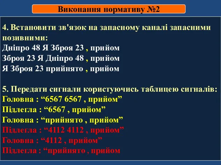 Виконання нормативу №2 4. Встановити зв'язок на запасному каналі запасними позивними: