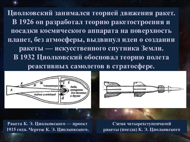 Циолковский занимался теорией движения ракет. В 1926 он разработал теорию ракетостроения