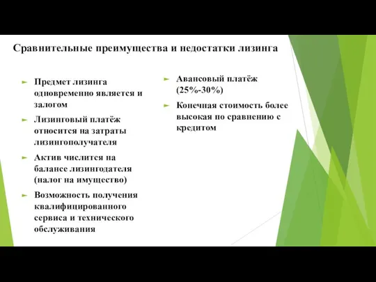 Сравнительные преимущества и недостатки лизинга Предмет лизинга одновременно является и залогом