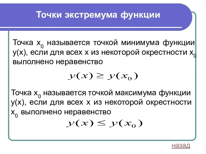 Точки экстремума функции Точка x0 называется точкой минимума функции y(х), если