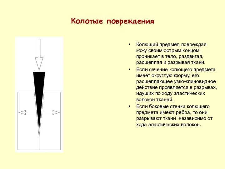 Колотые повреждения Колющий предмет, повреждая кожу своим острым концом, проникает в