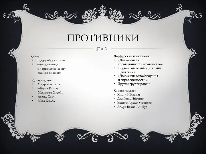 ПРОТИВНИКИ Командующие : Халил Ибрагим Джибрил Ибрагим Минни Аркои Миннави Абдул Вахид Ан-Нур