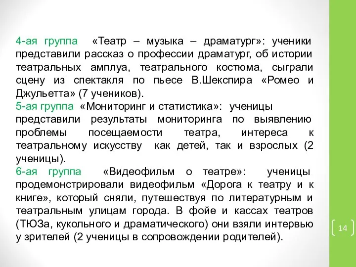 4-ая группа «Театр – музыка – драматург»: ученики представили рассказ о