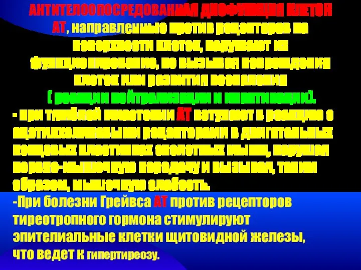 АНТИТЕЛООПОСРЕДОВАННАЯ ДИСФУНКЦИЯ КЛЕТОК АТ, направленные против рецепторов на поверхности клеток, нарушают