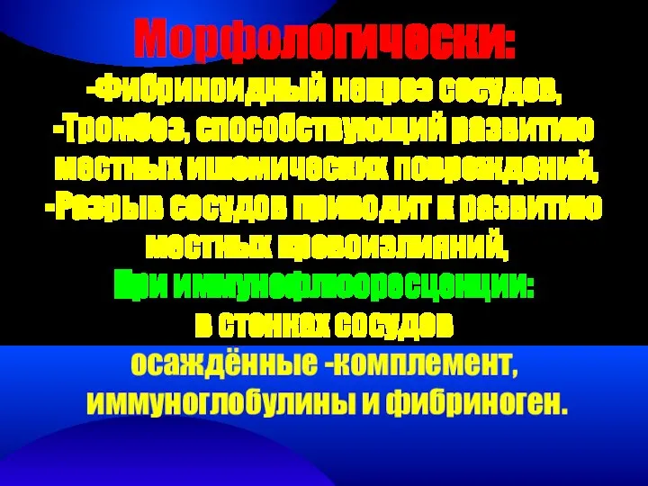 Морфологически: -Фибриноидный некроз сосудов, -Тромбоз, способствующий развитию местных ишемических повреждений, -Разрыв