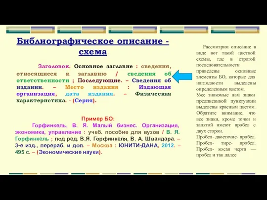 Библиографическое описание - схема Заголовок. Основное заглавие : сведения, относящиеся к