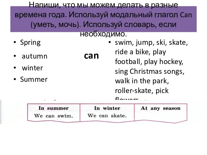 Напиши, что мы можем делать в разные времена года. Используй модальный