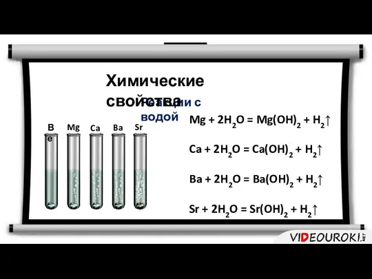 Реакции с водой Химические свойства Mg + 2H2O = Mg(OH)2 +