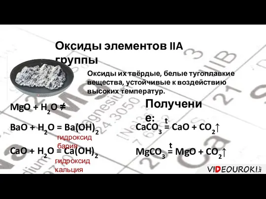 Оксиды элементов IIA группы Оксиды их твёрдые, белые тугоплавкие вещества, устойчивые