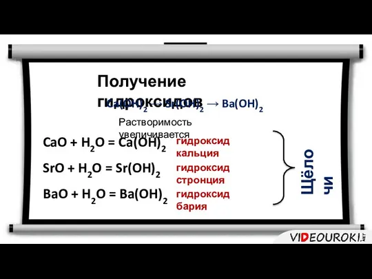 Получение гидроксидов Ca(OH)2 → Sr(OH)2 → Ba(OH)2 Растворимость увеличивается CaO +