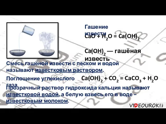 CaO + H2O = Ca(OH)2 Гашение извести Ca(OH)2 ― гашёная известь