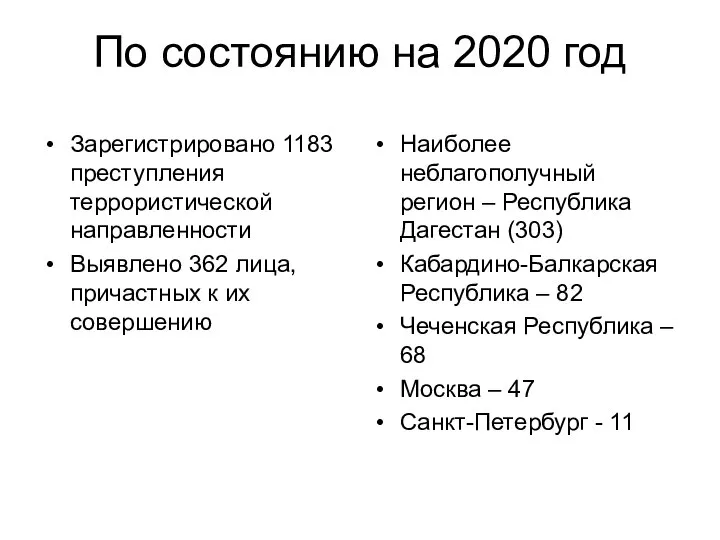 По состоянию на 2020 год Зарегистрировано 1183 преступления террористической направленности Выявлено