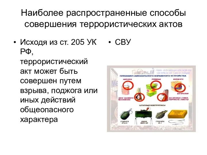 Наиболее распространенные способы совершения террористических актов Исходя из ст. 205 УК