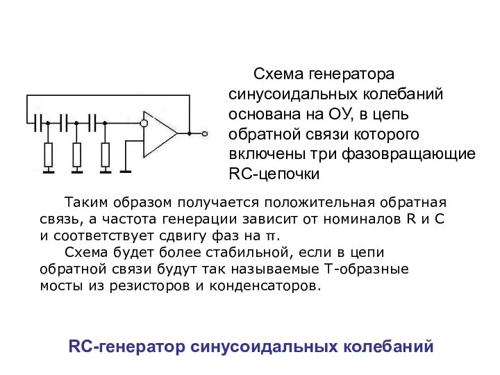 RC-генератор синусоидальных колебаний Схема генератора синусоидальных колебаний основана на ОУ, в