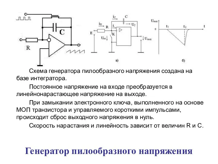 Генератор пилообразного напряжения Схема генератора пилообразного напряжения создана на базе интегратора.