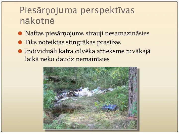 Piesārņojuma perspektīvas nākotnē Naftas piesārņojums strauji nesamazināsies Tiks noteiktas stingrākas prasības