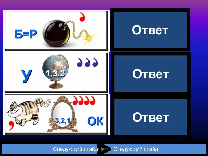 Следующий слайд Следующий слайд Ромб Угол От | рез | ок Ответ Ответ Ответ Alenina Natalya