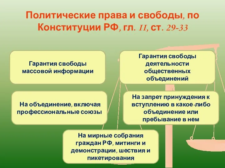 Политические права и свободы, по Конституции РФ, гл. II, ст. 29-33