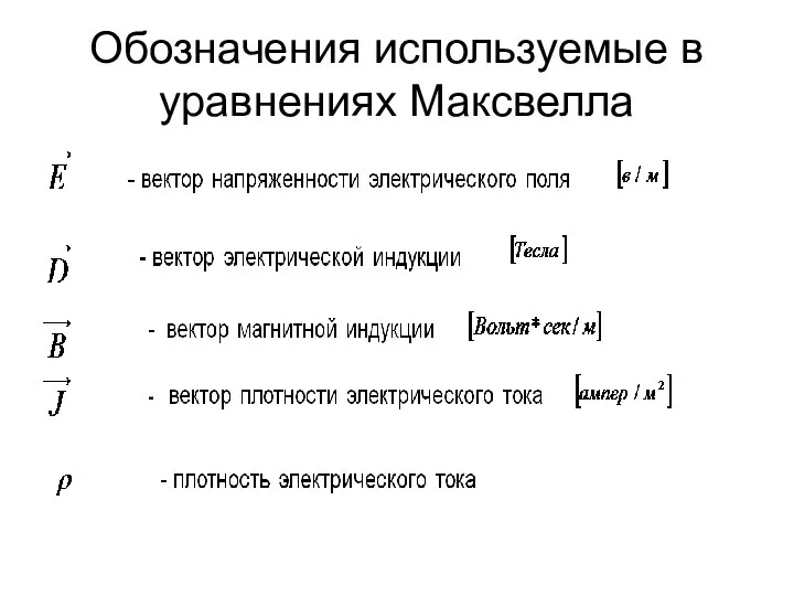 Обозначения используемые в уравнениях Максвелла