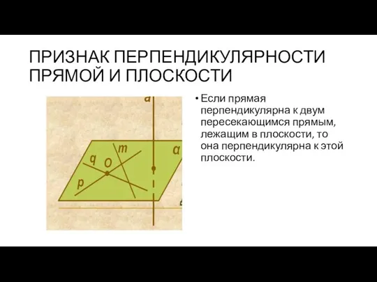 ПРИЗНАК ПЕРПЕНДИКУЛЯРНОСТИ ПРЯМОЙ И ПЛОСКОСТИ Если прямая перпендикулярна к двум пересекающимся