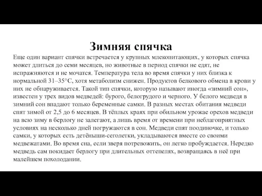 Зимняя спячка Еще один вариант спячки встречается у крупных млекопитающих, у