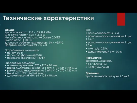 Технические характеристики Общие Диапазон частот: 118 - 135.975 МГц Шаг сетик