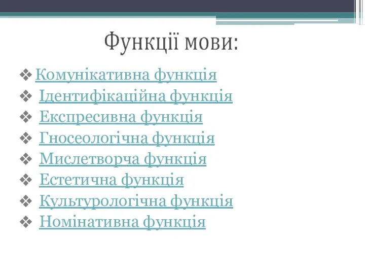 Комунікативна функція Ідентифікаційна функція Експресивна функція Гносеологічна функція Мислетворча функція Естетична функція Культурологічна функція Номінативна функція