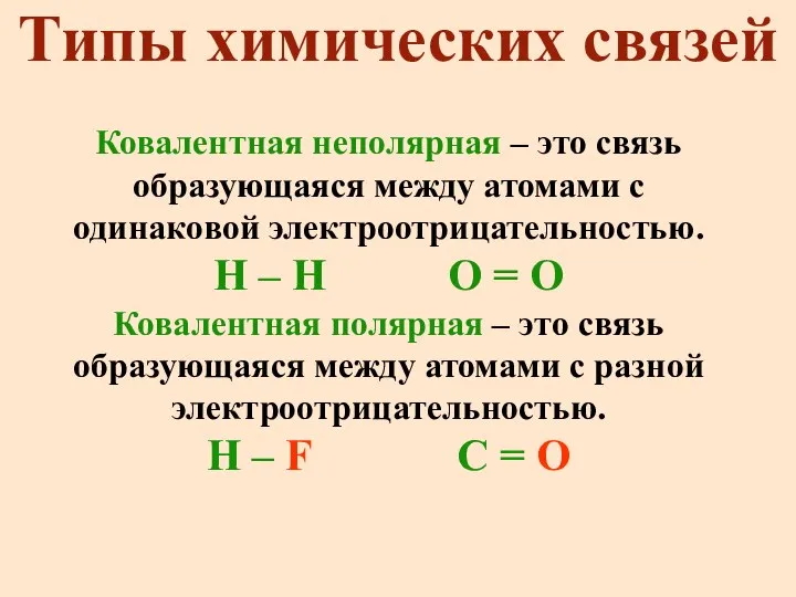 Типы химических связей Ковалентная неполярная – это связь образующаяся между атомами