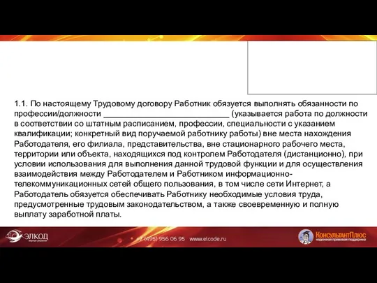 1.1. По настоящему Трудовому договору Работник обязуется выполнять обязанности по профессии/должности