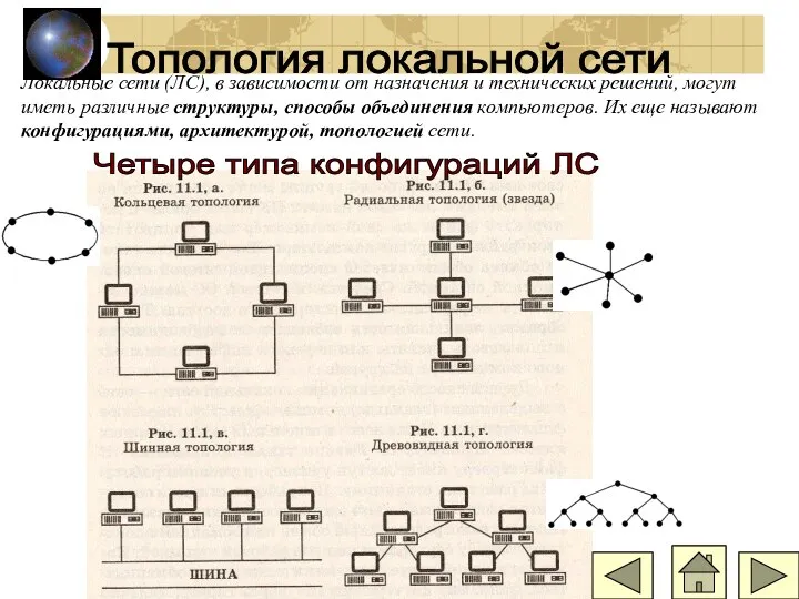 Топология локальной сети Локальные сети (ЛС), в зависимости от назначения и