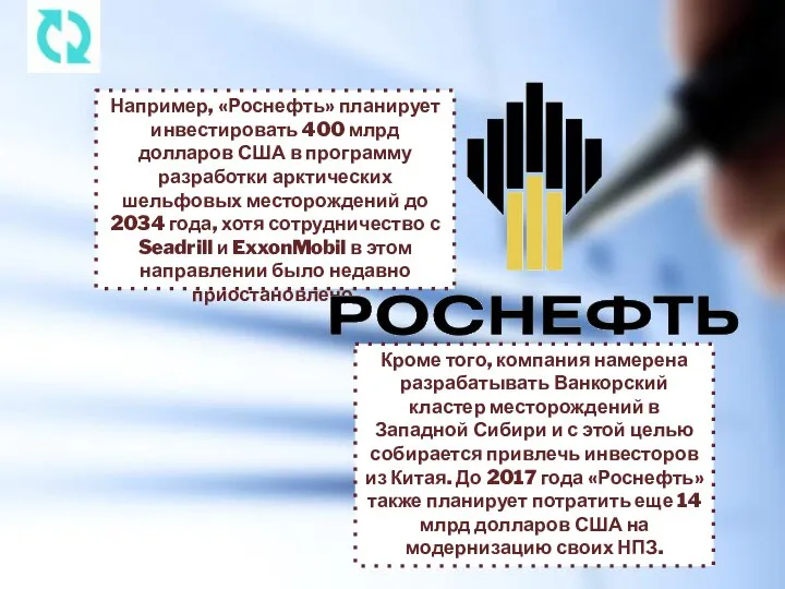 Например, «Роснефть» планирует инвестировать 400 млрд долларов США в программу разработки