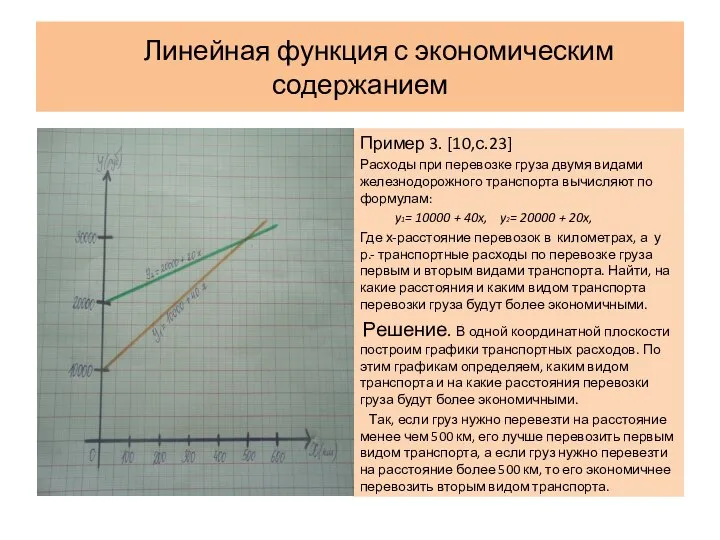 Линейная функция с экономическим содержанием Пример 3. [10,с.23] Расходы при перевозке