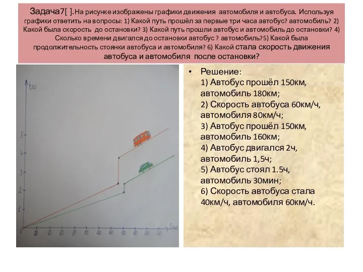 Задача7[ ].На рисунке изображены графики движения автомобиля и автобуса. Используя графики