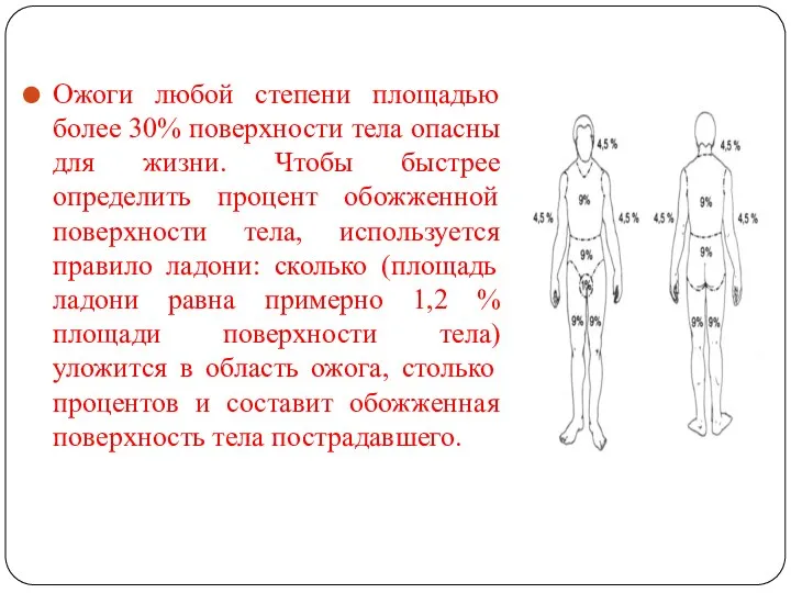 Ожоги любой степени площадью более 30% поверхности тела опасны для жизни.