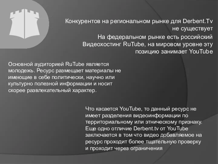 Конкурентов на региональном рынке для Derbent.Tv не существует На федеральном рынке