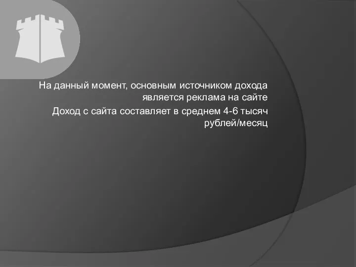 На данный момент, основным источником дохода является реклама на сайте Доход