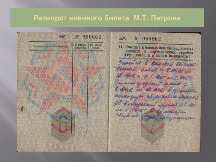 Разворот военного билета М.Т. Петрова